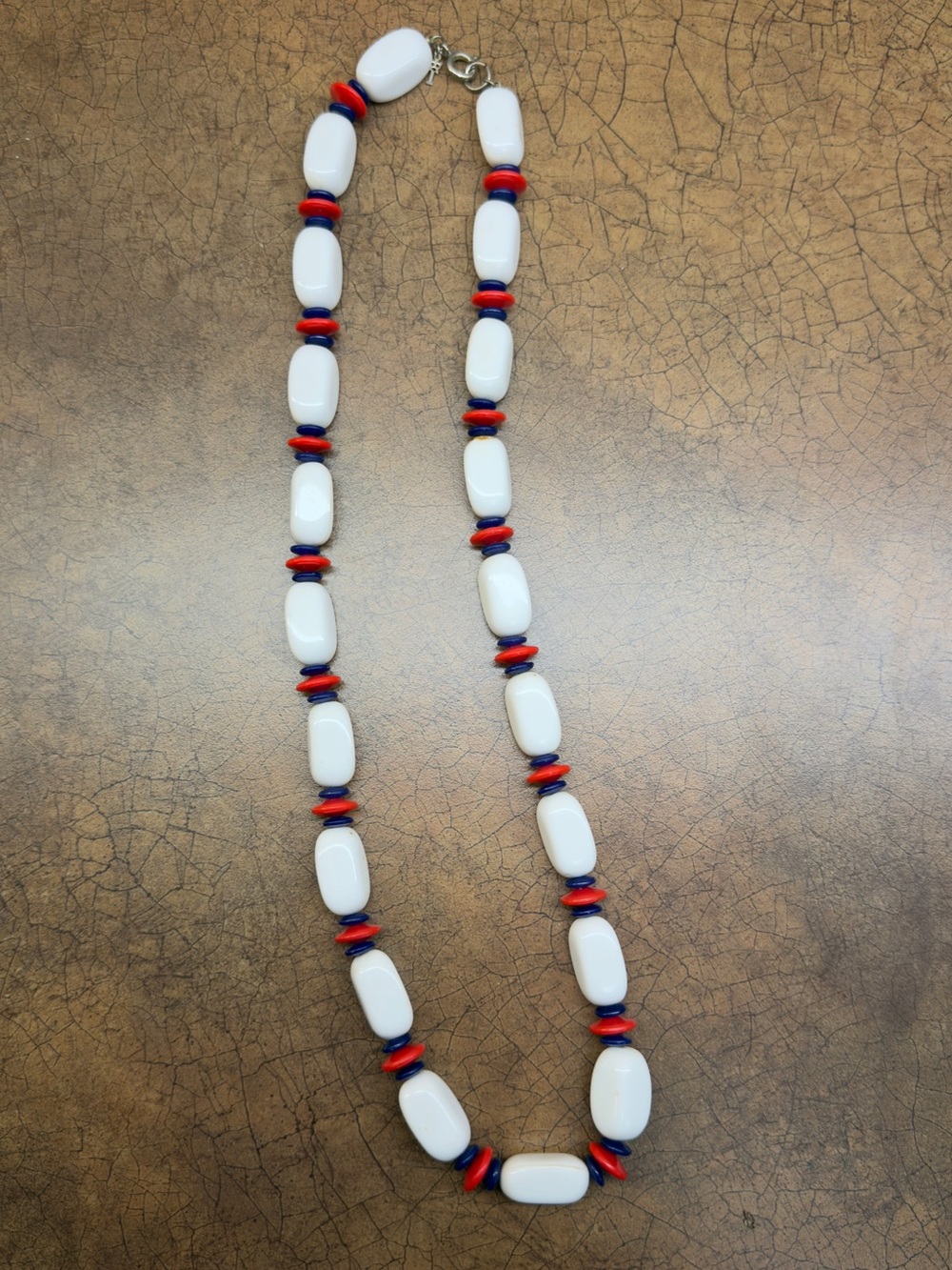 Trifari White Bead Necklace with Red & Blue Accents